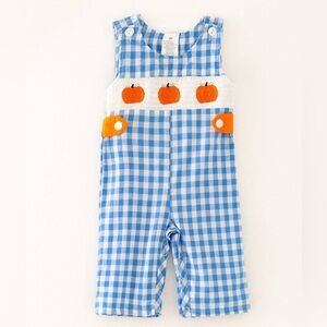 🎃 Rylee Faith Designs Baby Boy Blue Gingham Smocked Pumpkin Romper 12 months